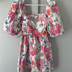 Altar'd State Floral Puff Sleeve Dress - Pink, Red, Blue